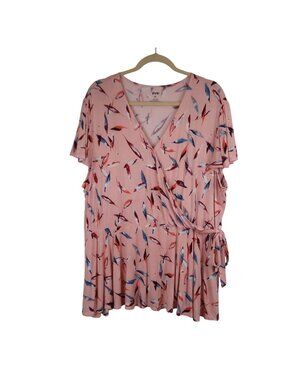 EVRI 2X Pink Faux Wrap Top With Abstract Print Short Sleeves Peplum Babydoll